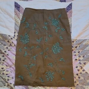 Brown Beaded Floral Midi Skirt